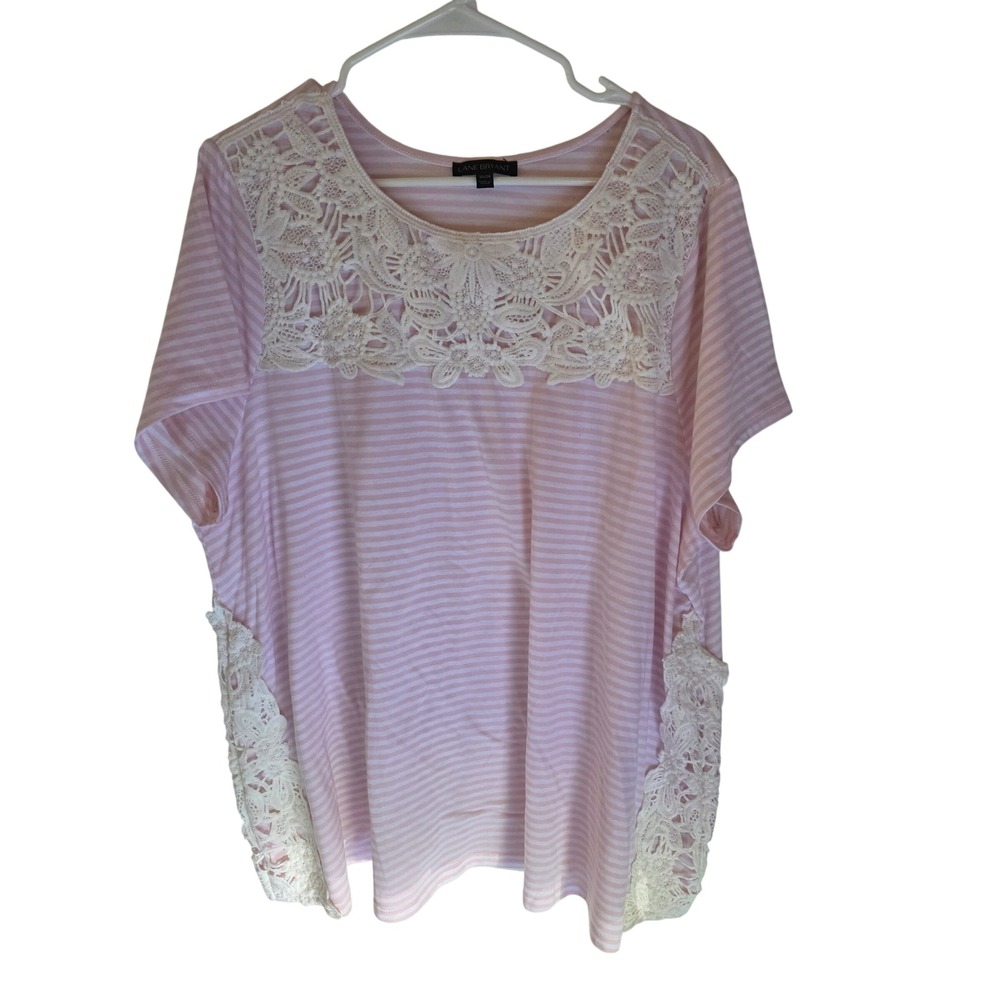 Lane Bryant Pink White Striped Crochet Lace Trim Knit Top Plus Size 22/24 - Picture 1 of 6